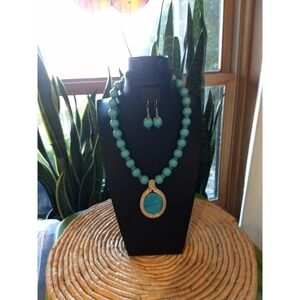 Sterling Silver Turquoise Shell Pearls, Turquoise Wire Wrapped Pendant, 2 Piece